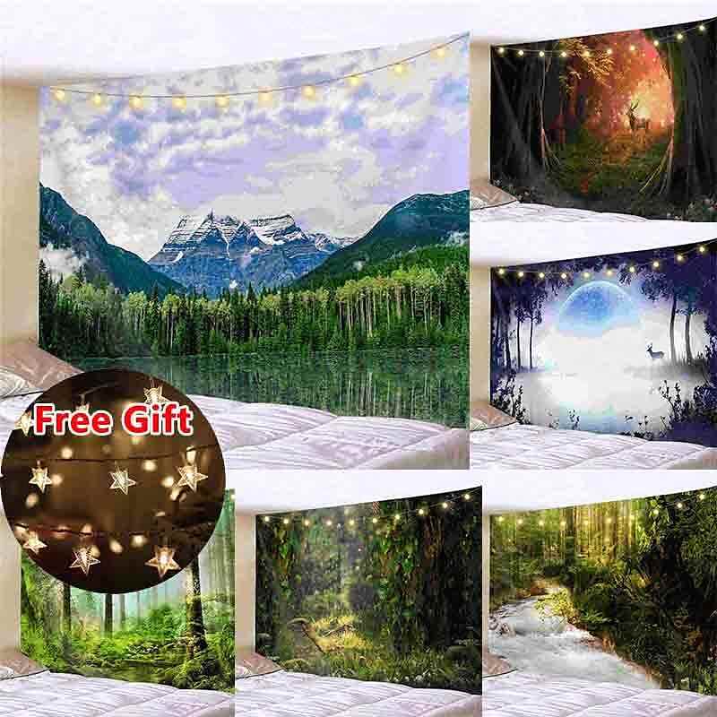 Landscape LED Lights Wall Tapestry Art Decor Forest River Tree Print