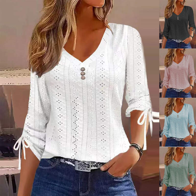 New season solid color buttoned long sleeve women's T-shirt top