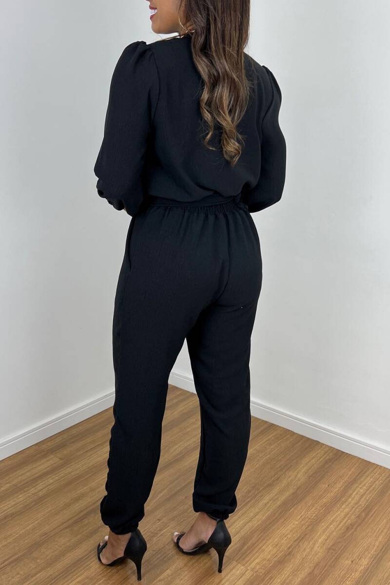 Black Casual Solid Patchwork V Neck Regular Jumpsuits