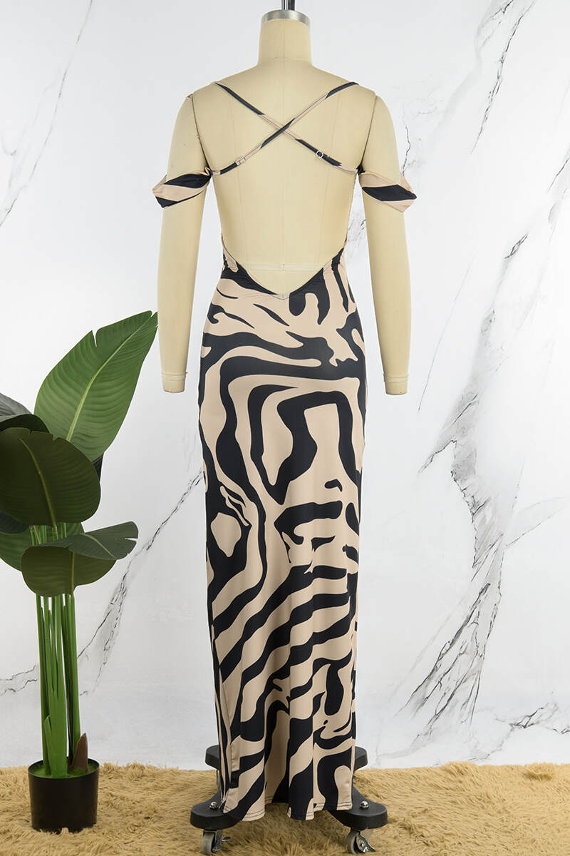 Zebra Sexy Print Backless Spaghetti Strap Long Dress Dresses