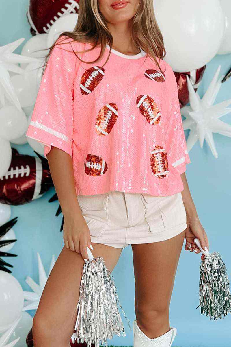 Pink Casual Patchwork Sequins O Neck T-Shirts