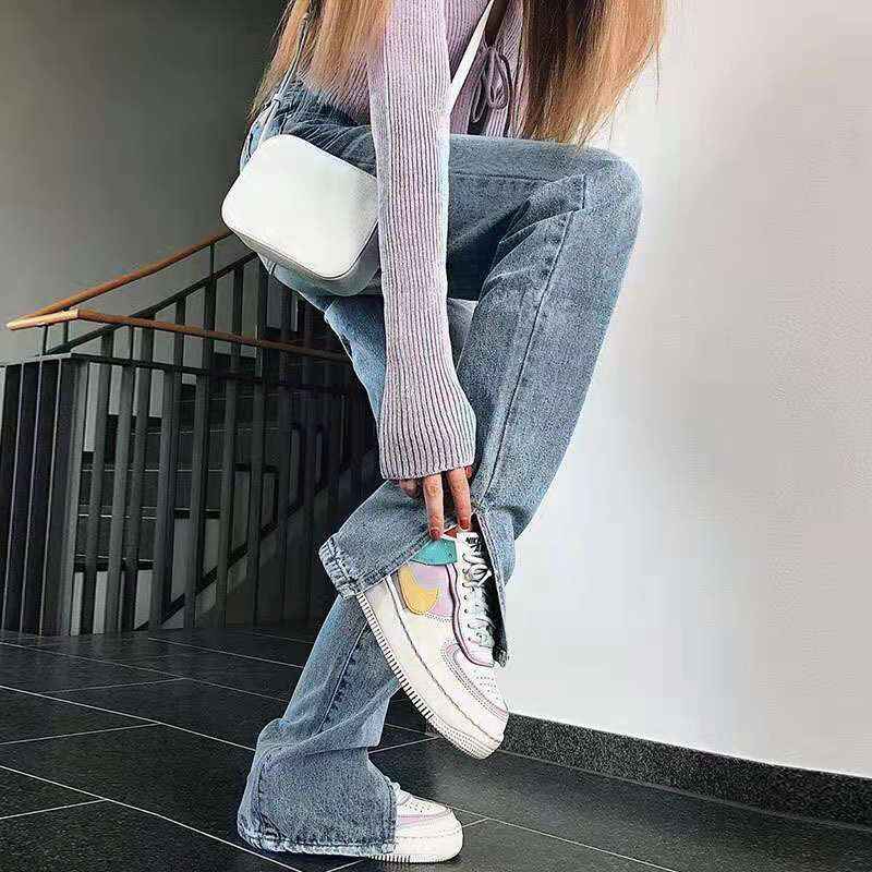 Retro Straight Split Denim Trousers Women