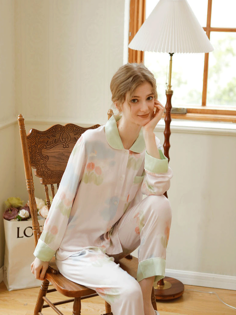 Simple Floral Loose Shawl Collar Long Sleeve Pajama Set