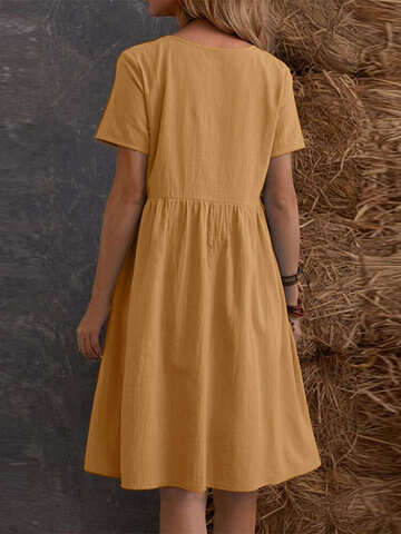 Women Vintage Dresses | Solid Short Sleeve Pocket Crew Neck Vintage Dress - QG25806
