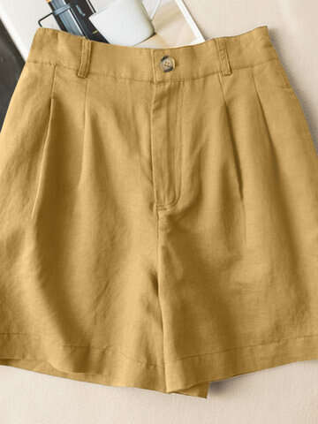 Women Shorts | Solid Ruched Pocket Button Elastic Waist Casual Cotton Shorts - BU54844