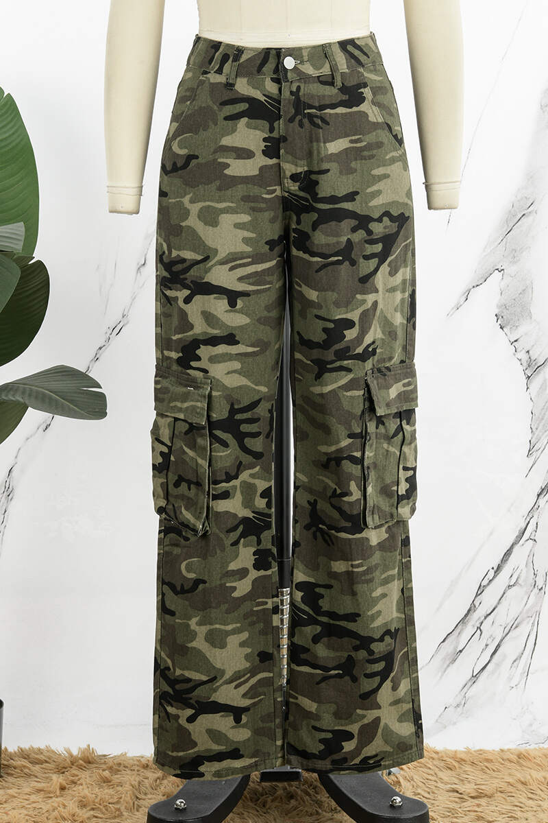 Army Green Casual Camouflage Print Patchwork Mid Waist Denim Jeans