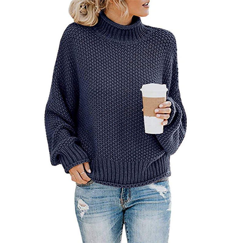 Knitted solid color turtleneck warm sweater