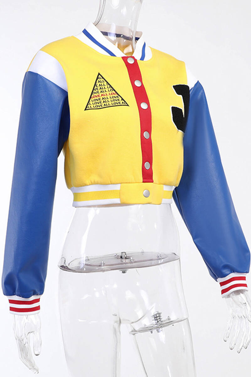 Yellow Casual Letter Patchwork Buckle O Neck Outerwear