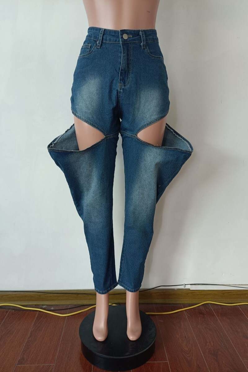 Sky Blue Casual Solid Hollowed Out High Waist Regular Denim Jeans