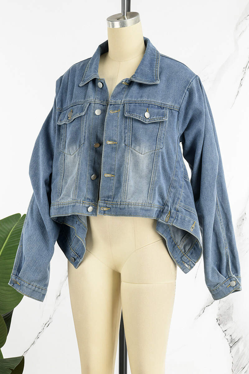 Light Blue Street Solid Patchwork Pocket Buckle Buttons Turndown Collar Long Sleeve Regular Denim Jacket