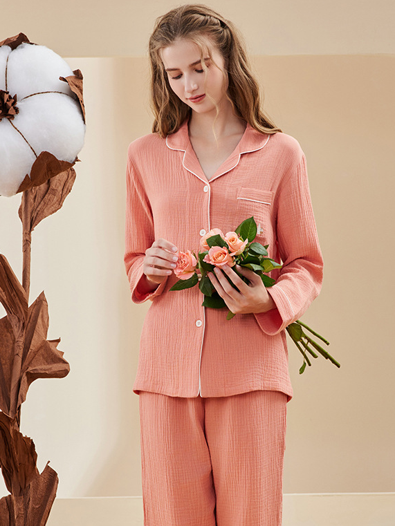 Plain Simple Loose Regular Sleeve Shawl Collar Long Sleeve Pajama Set