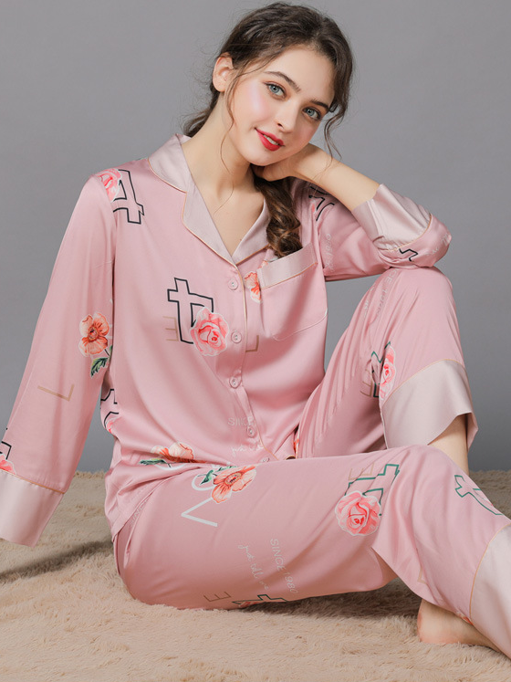 Floral V Neck Casual Regular Fit Long Sleeve Pajama Set