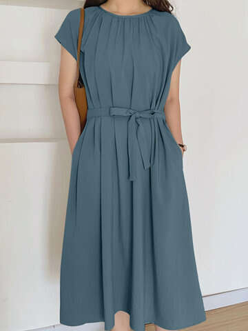 Women Casual Dresses | Solid Pleated Pocket Tie Waist Short Sleeve Crew Neck Dress - NJ36671