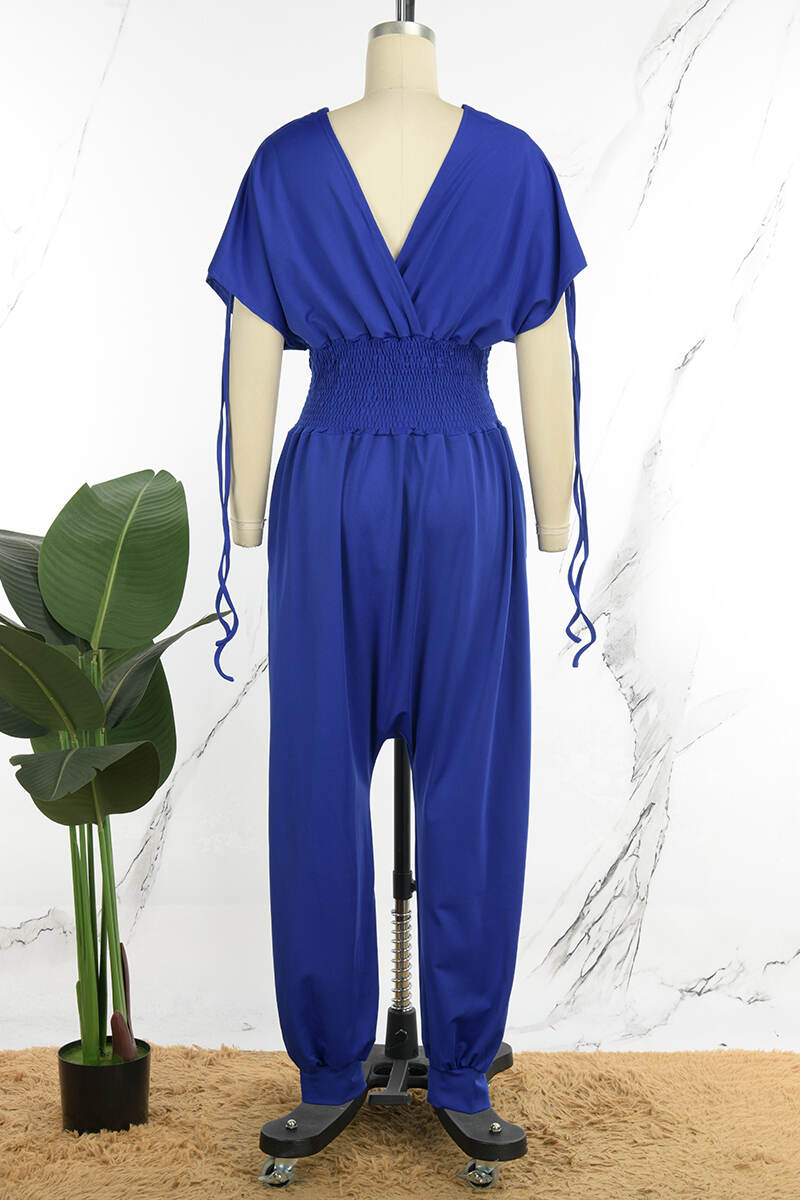 Blue Casual Solid Patchwork Draw String V Neck Loose Jumpsuits