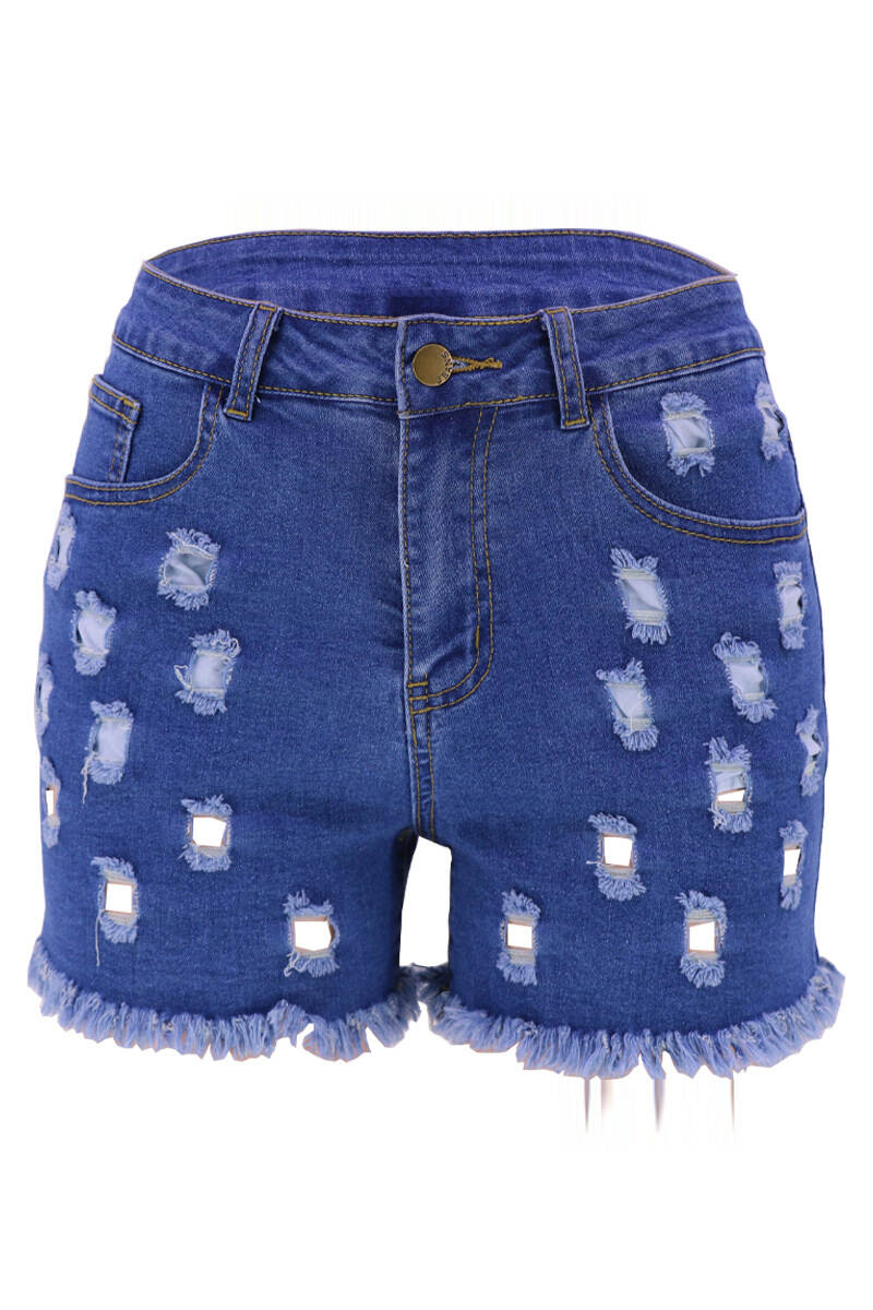 Light Blue Street Solid Hollowed Out Pocket Buttons Zipper Mid Waist Skinny Denim Shorts