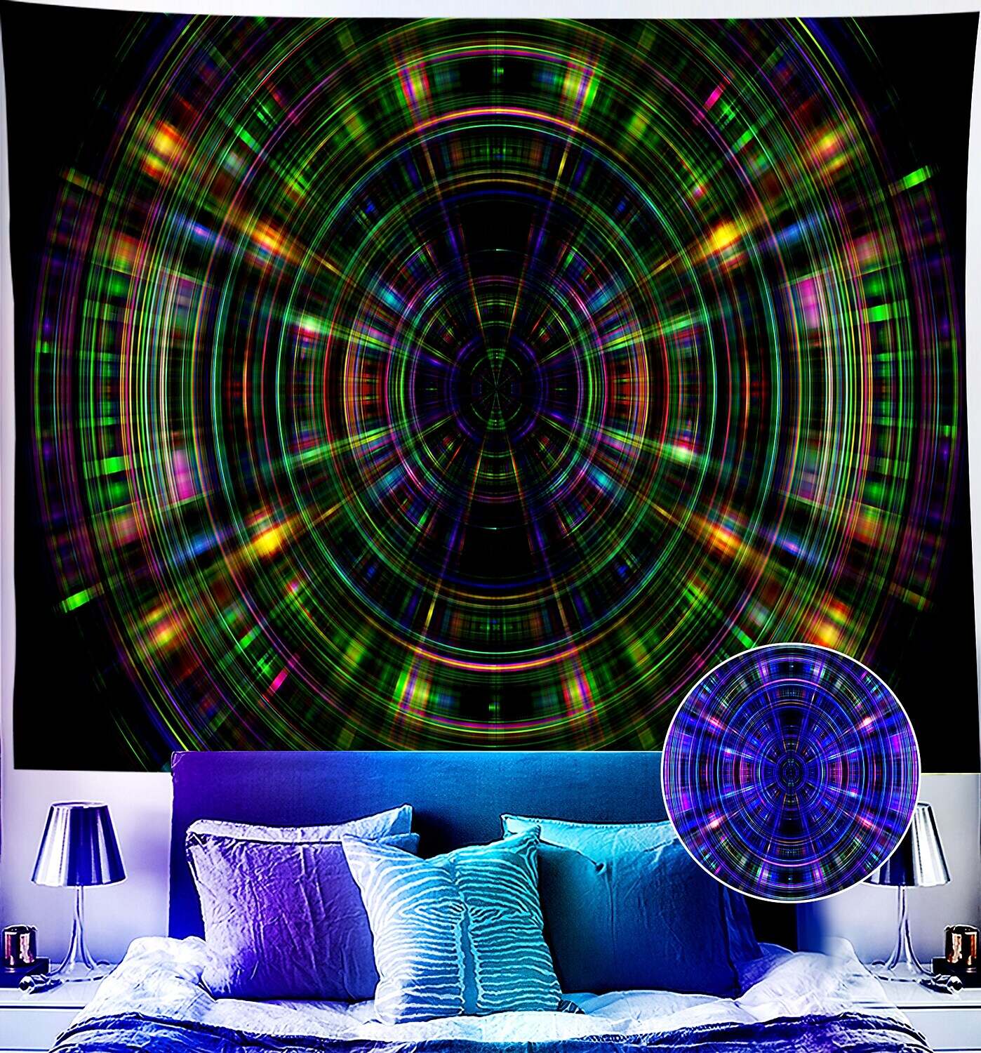 Trippy Blacklight UV Reactive Wall Tapestry Psychedelic Sun Galaxy