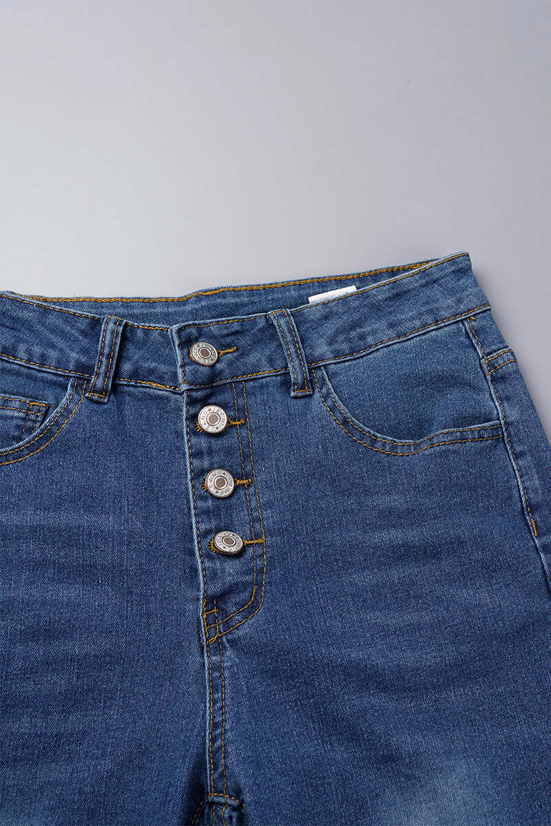 Deep Blue Casual Solid Buttons High Waist Skinny Denim Jeans