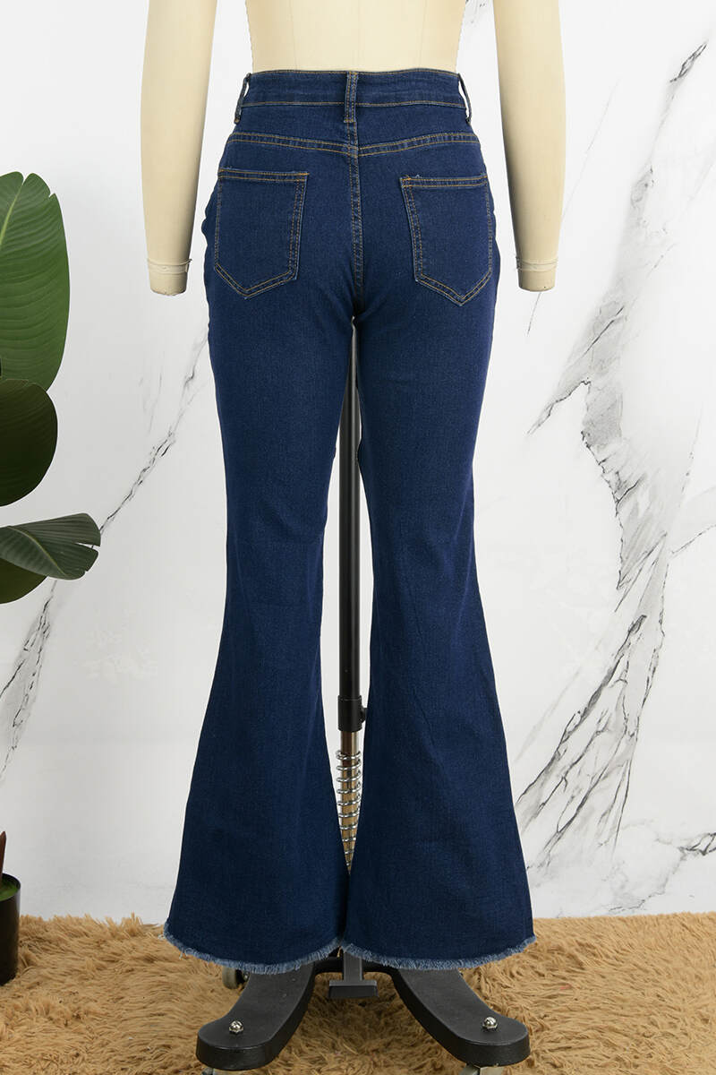 Dark Blue Casual Solid Patchwork Buttons High Waist Skinny Denim Jeans