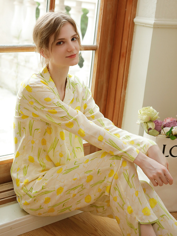 Vacation Loose Shawl Collar Long Sleeve Pajama Set