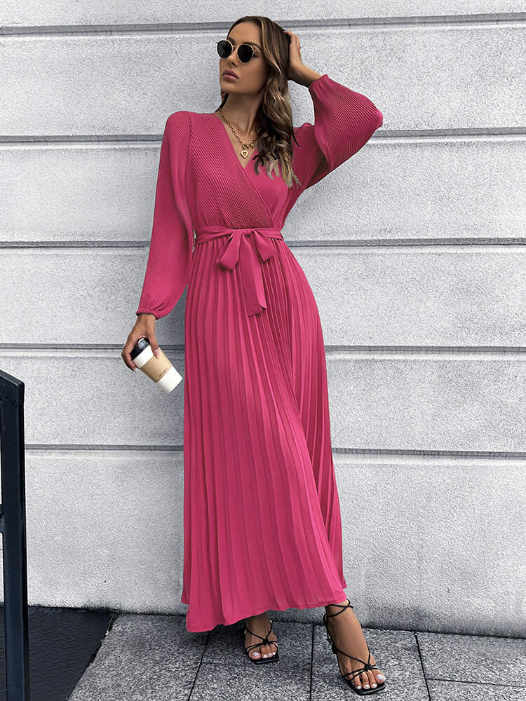 V-neck long-sleeved pleated A-line women's dress