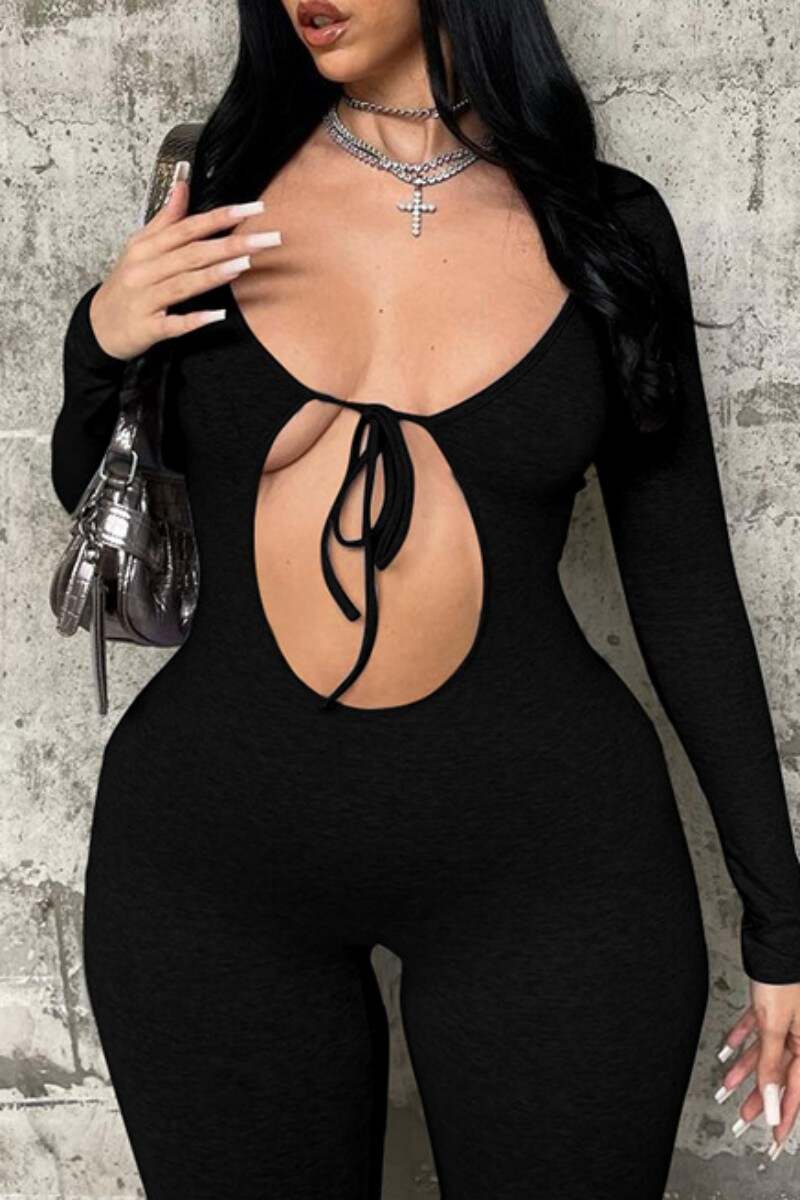 Grey Sexy Casual Solid Hollowed Out Frenulum O Neck Skinny Jumpsuits