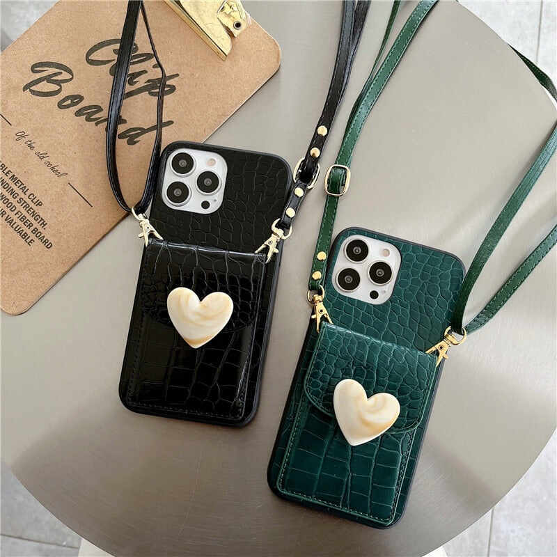 Cute Heart Card Wallet Crossbody Chain Bag Phone Case