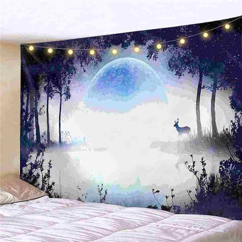 Landscape LED Lights Wall Tapestry Art Decor Forest River Tree Print