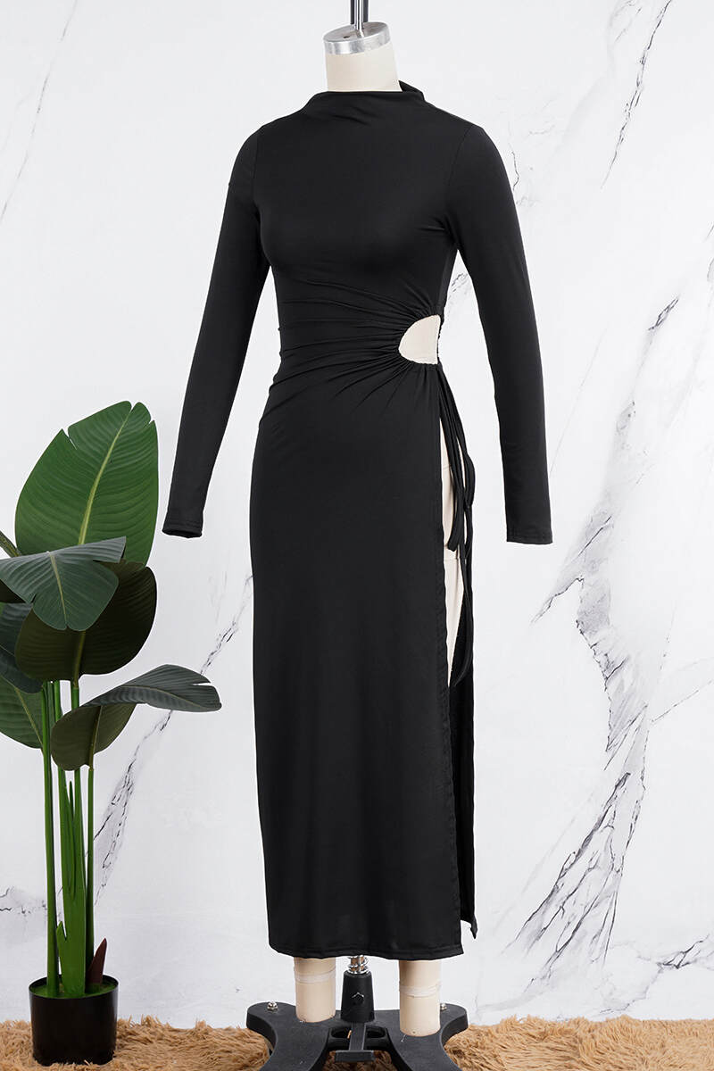 Black Sexy Elegant Solid Hollowed Out Patchwork Draw String Asymmetrical O Neck Long Sleeve Dresses