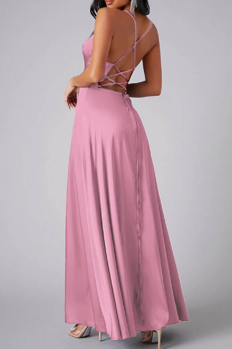 Pink Sexy Casual Solid Backless Cross Straps Slit Spaghetti Strap Long Dress Dresses