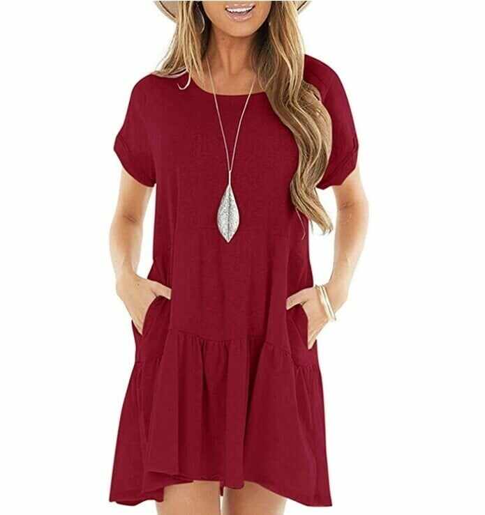 Round neck short sleeve large hem mid-length dress