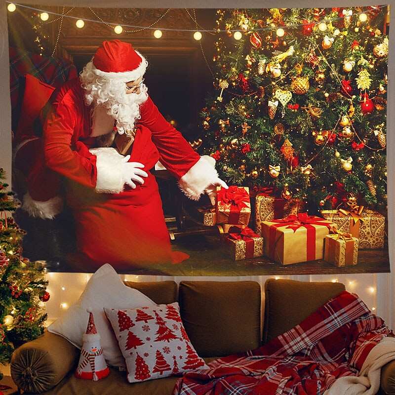 Christmas Decor LED Lights Wall Tapestry Santa Claus Christmas Tree Print