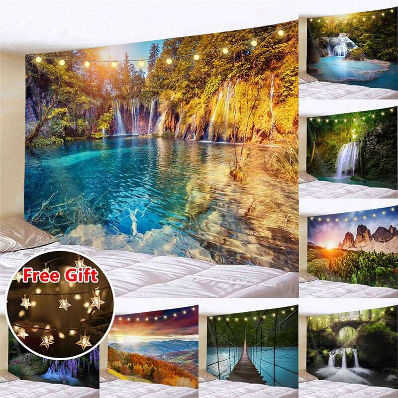 Landscape LED Lights Wall Tapestry Art Decor Forest River Waterfall Print