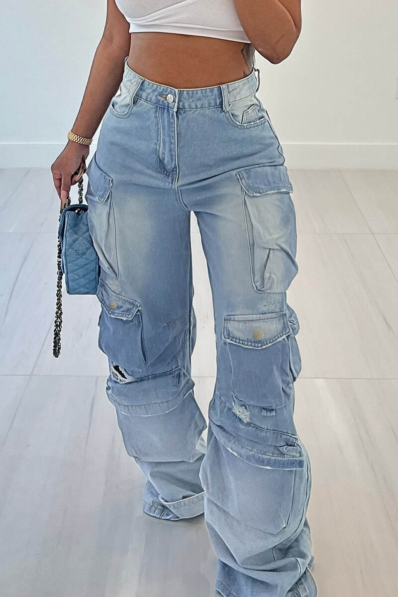 Light Blue Street Solid Ripped Patchwork Pocket Buttons Zipper Mid Waist Straight Denim Jeans