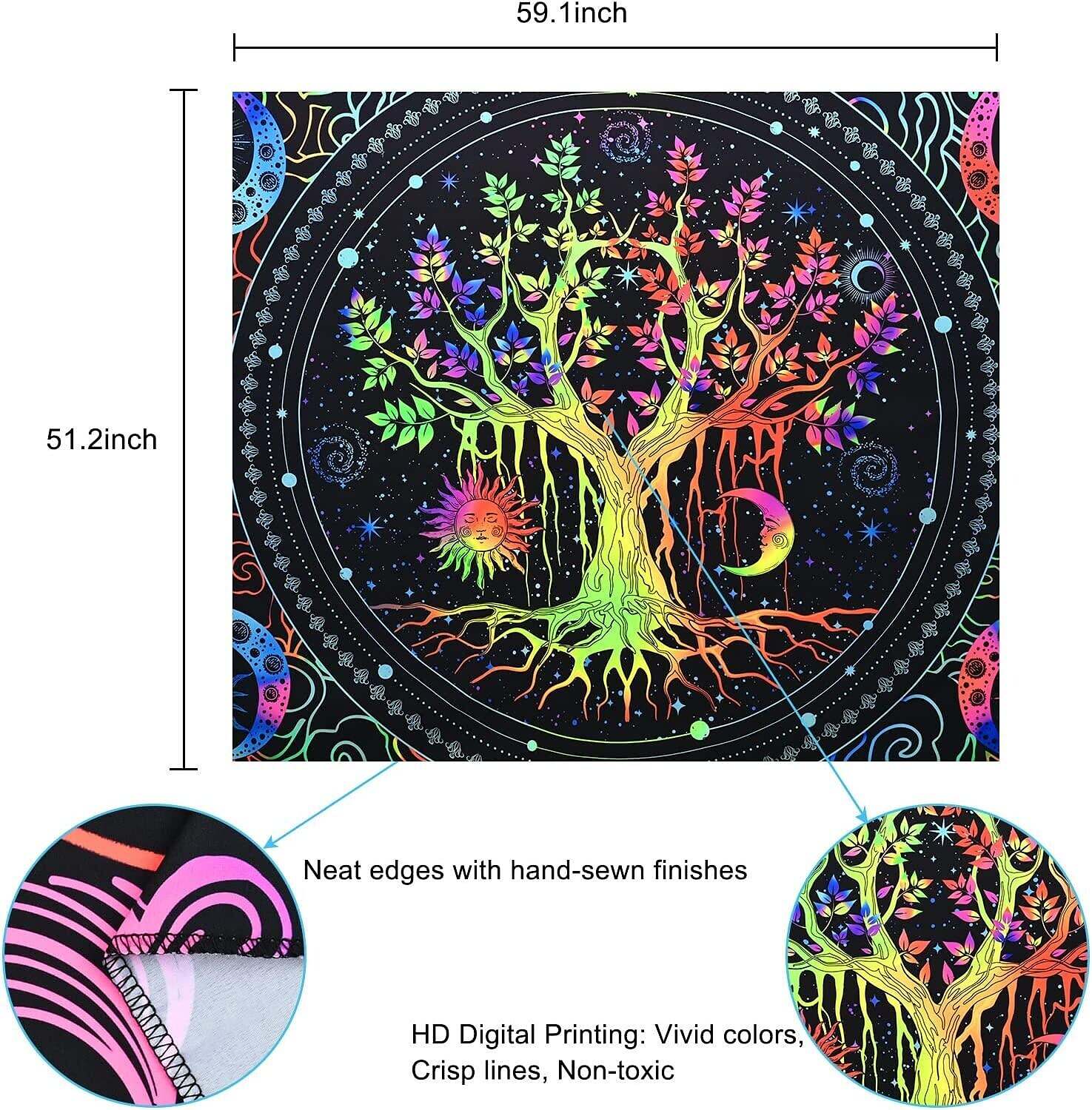 Blacklight Tapestry UV Reactive Trippy Tree of Life Mandala