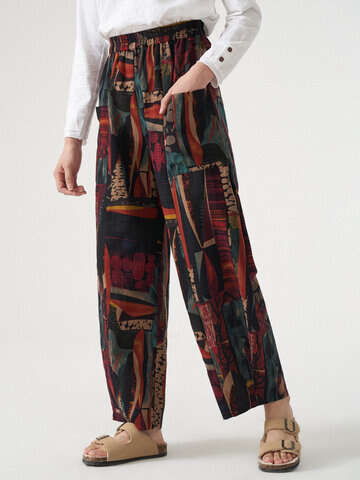 Women Pants & Capris | Vintage Print Dual Pocket Elastic Waist Pants For Women - QV39349