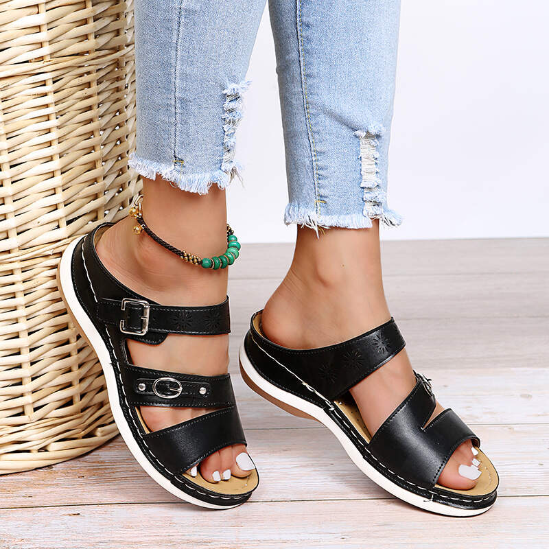 2022 New Arizona Leather Metal Buckle Platform Wedge Sandals