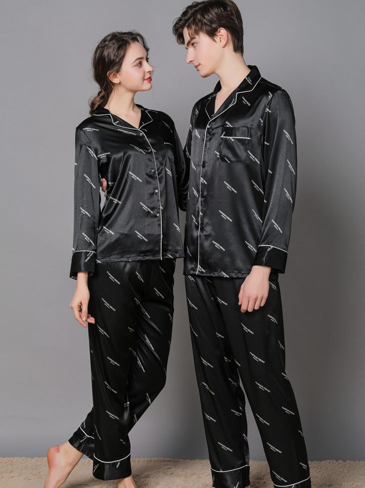 Regular Fit Casual Ice Silk Long Sleeve Couple Pajama Set