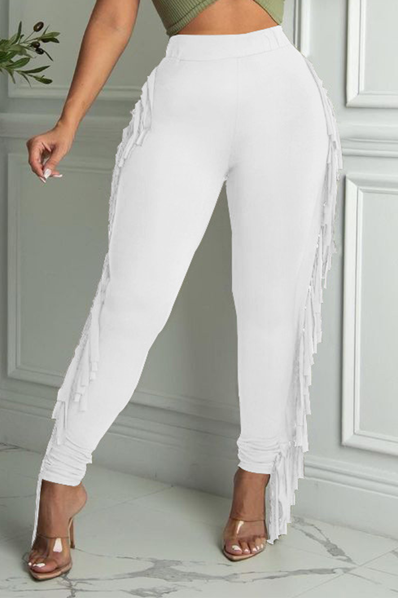 Blue Sexy Solid Tassel Skinny High Waist Pencil Solid Color Bottoms