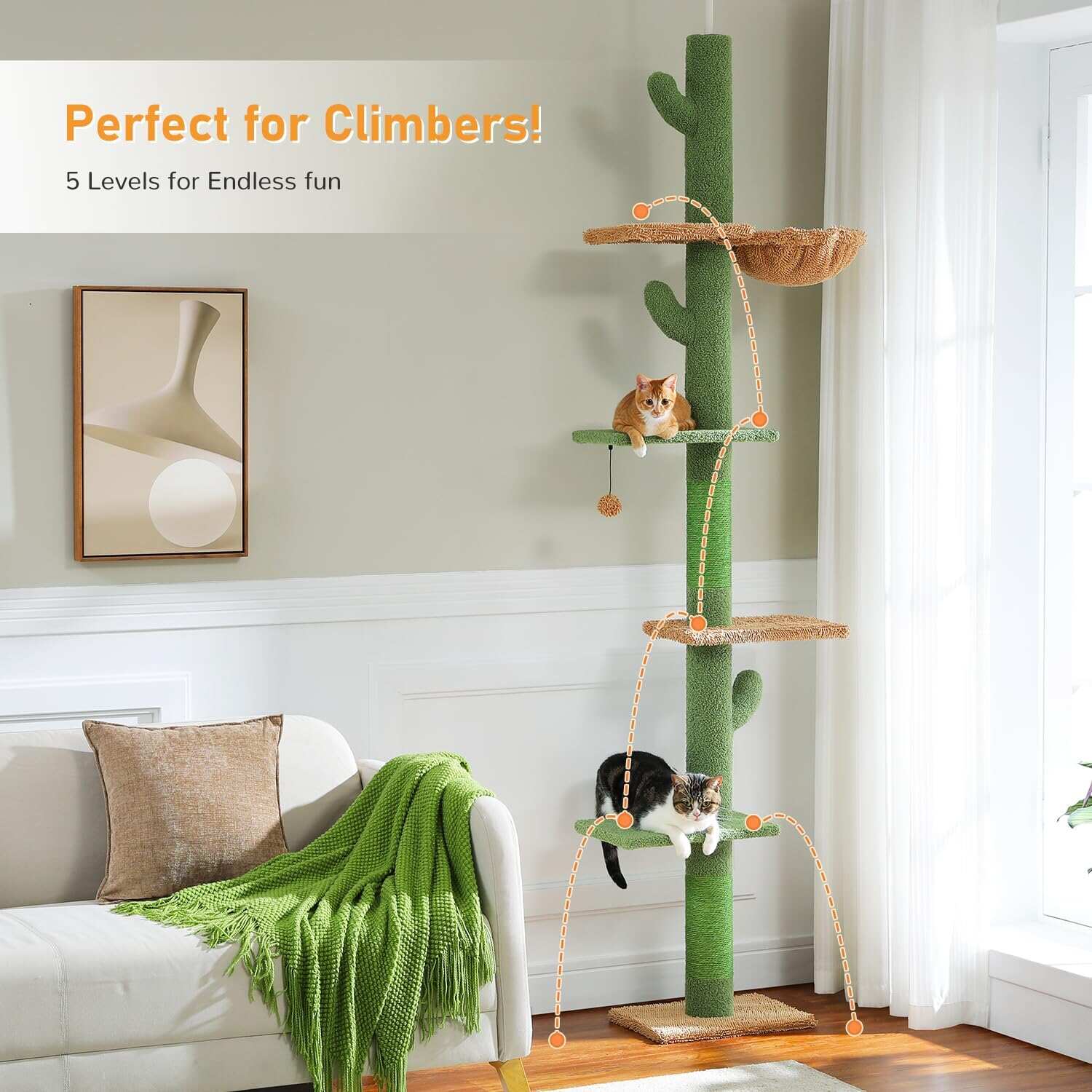 Cat Tree Floor Standing Cat Tower, Adjustable Height (85-112