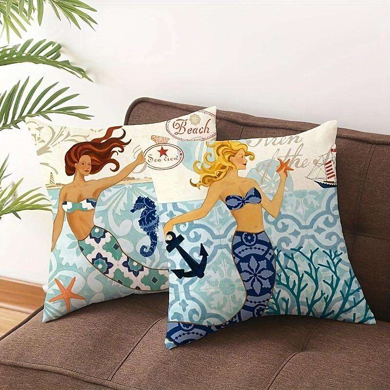 Mermaid Ocean Double Side Pillow Cover 4PC Summer Soft Decorative Square Cushion Case Pillowcase for Bedroom Livingroom Sofa Couch Chair