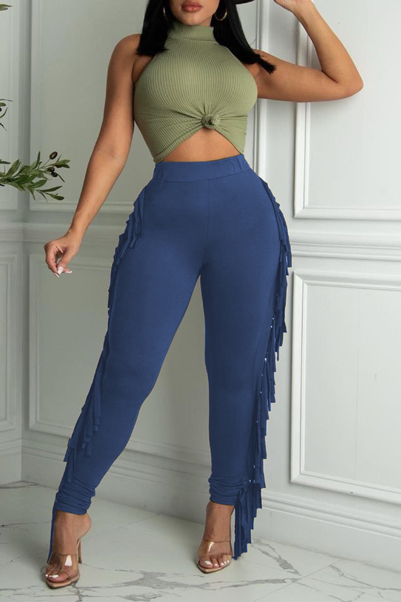 Champagne Sexy Solid Tassel Skinny High Waist Pencil Solid Color Bottoms