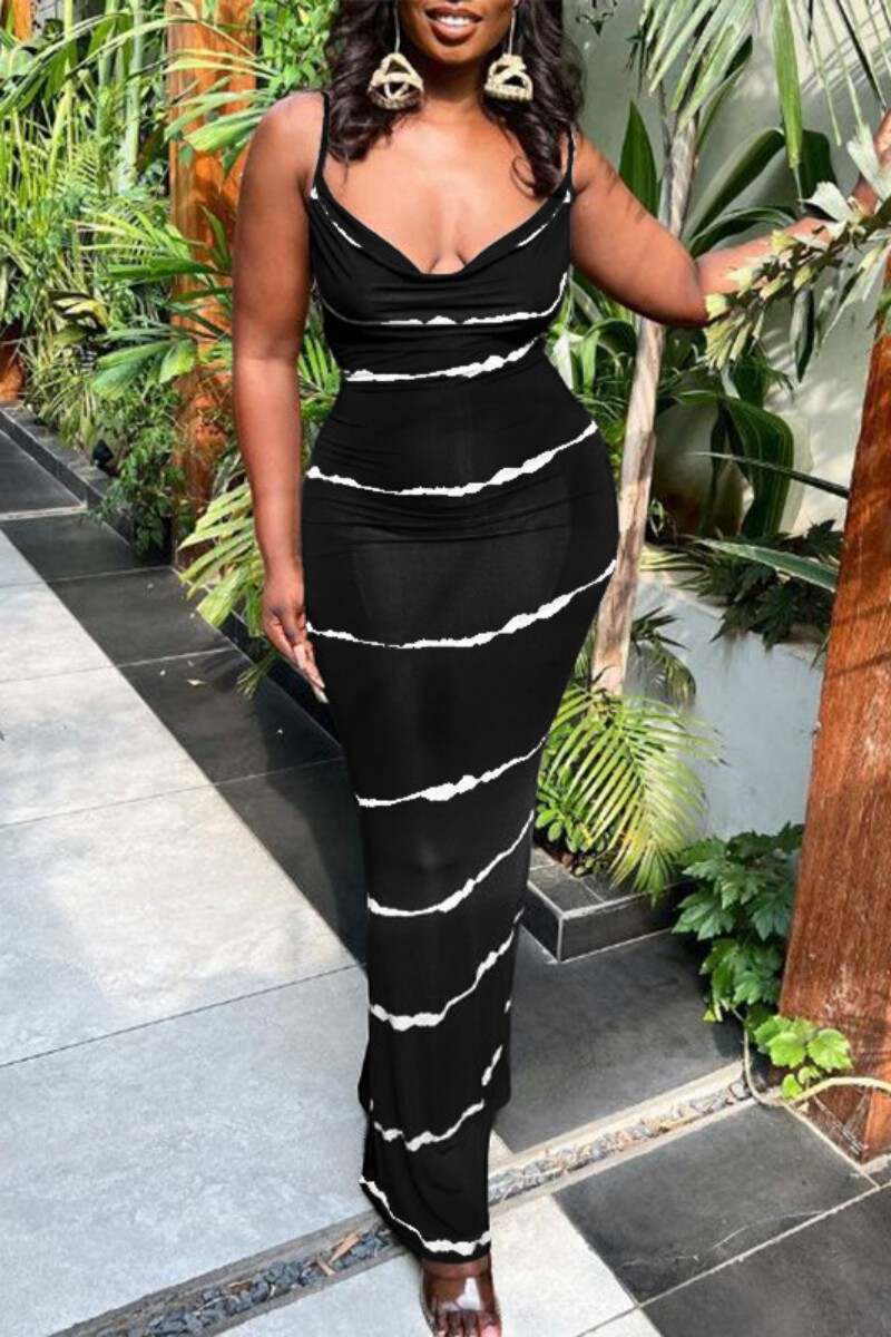 Black Sexy Casual Print Backless Spaghetti Strap Long Dress Dresses