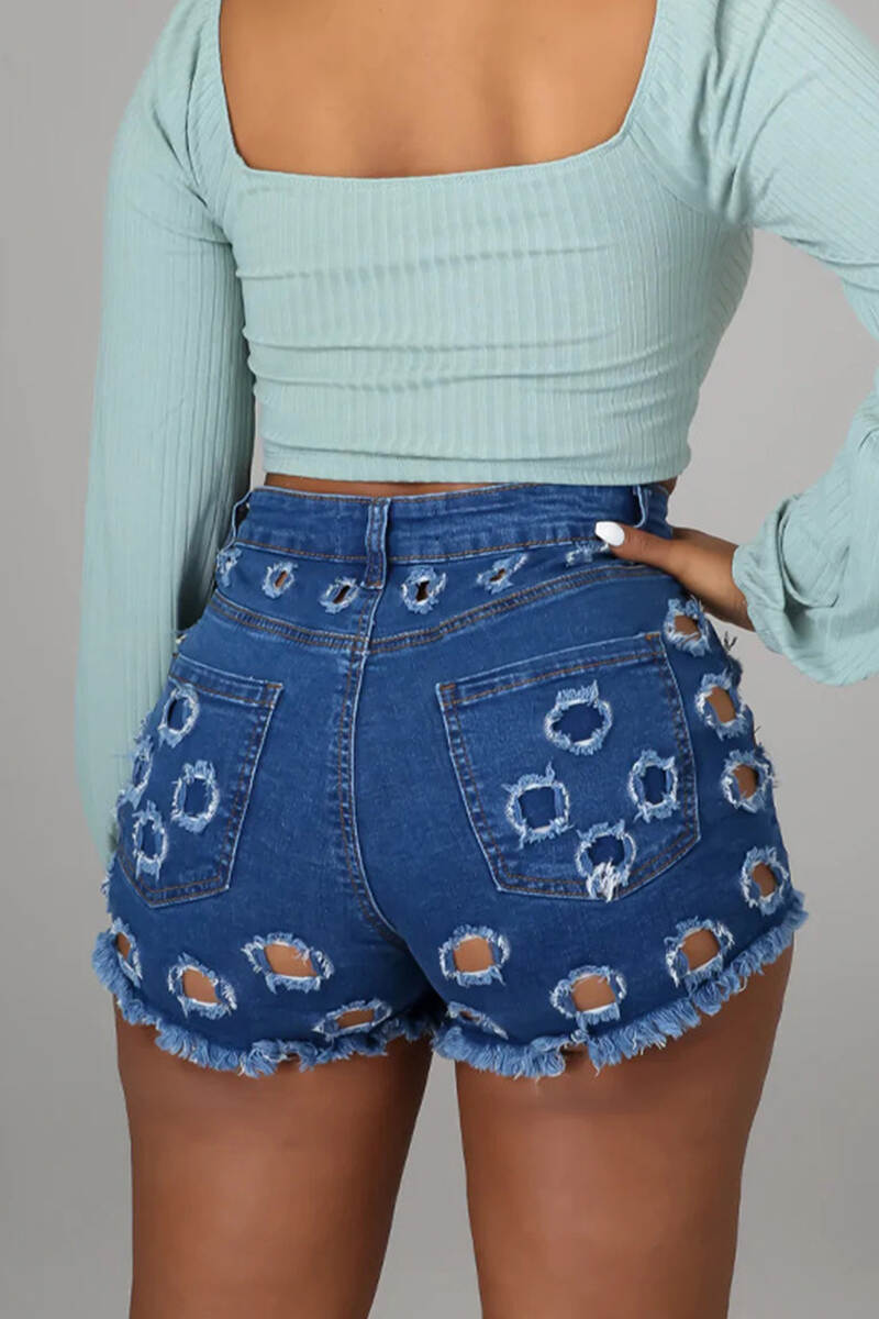 Light Blue Street Solid Hollowed Out Pocket Buttons Zipper Mid Waist Skinny Denim Shorts