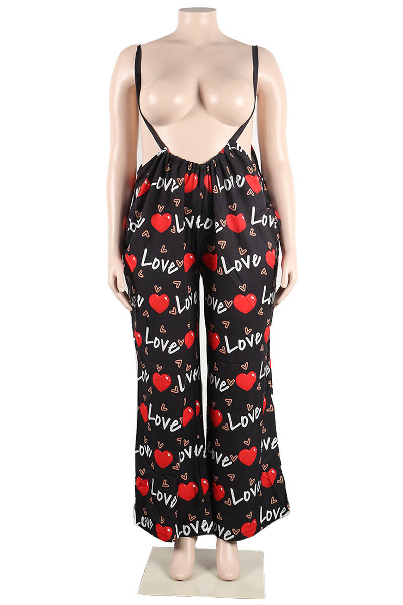 Black Casual Print Spaghetti Strap Plus Size Jumpsuits (Without Vest )