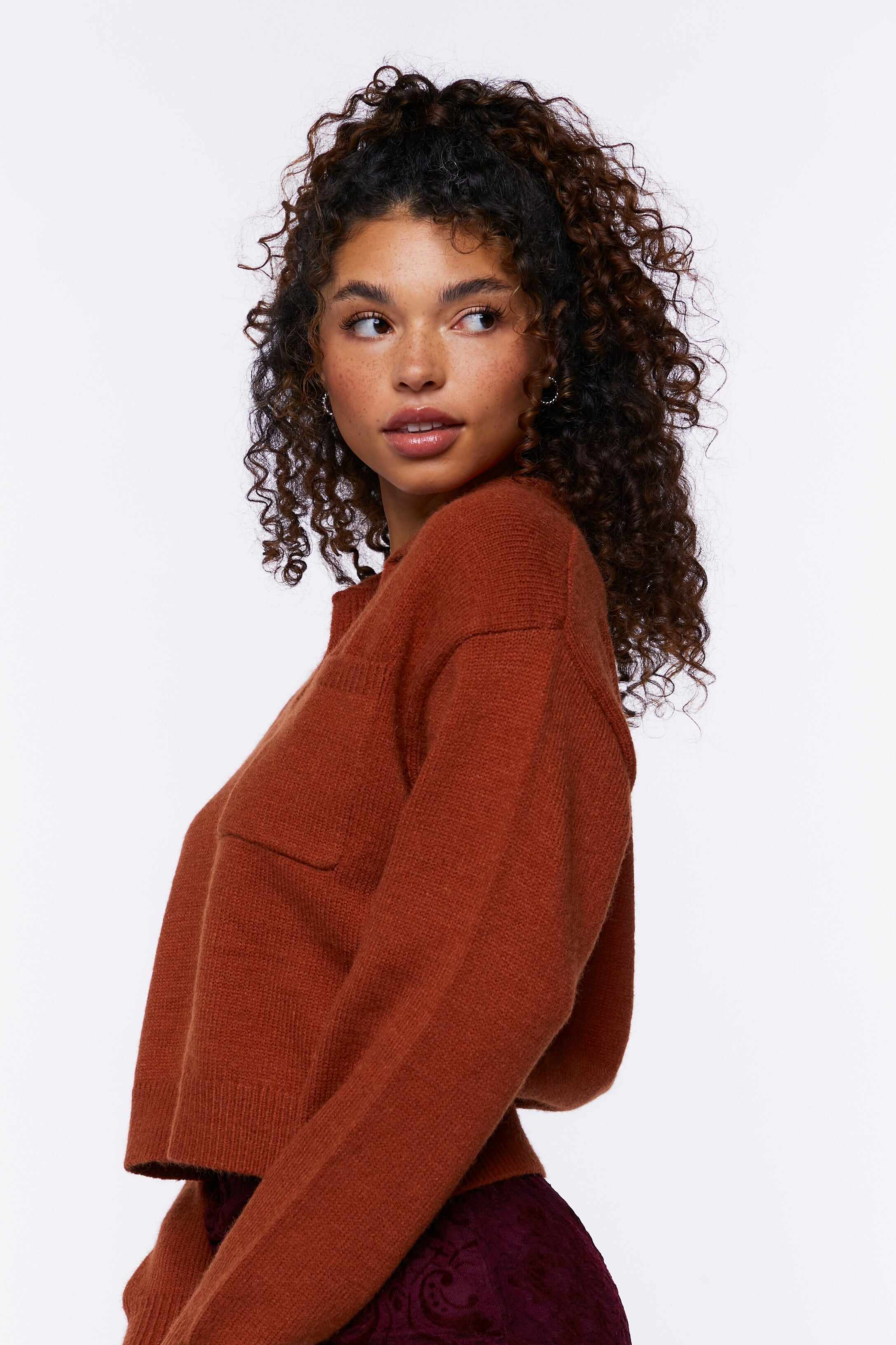 Women Apparel | Split-Neck Collared Sweater Rust Forever21 - PK25801