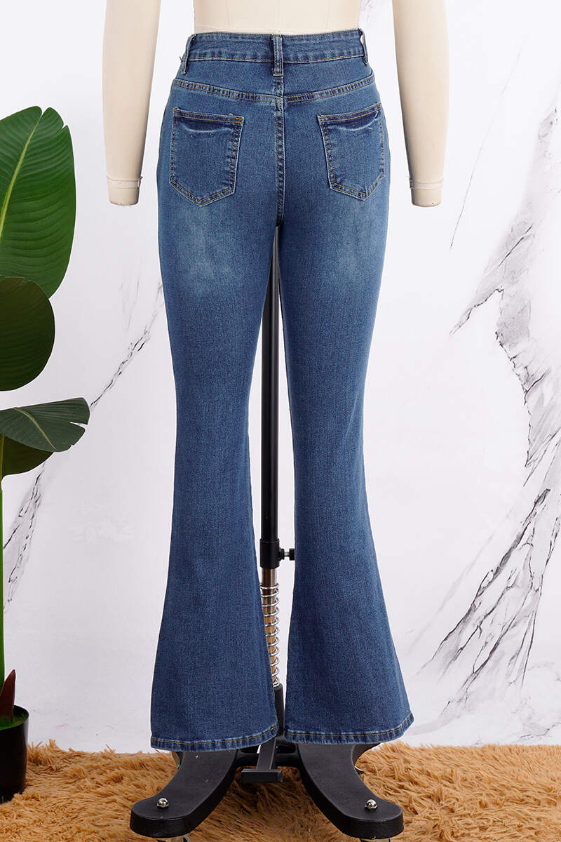 Deep Blue Casual Solid Buckle High Waist Regular Denim Jeans