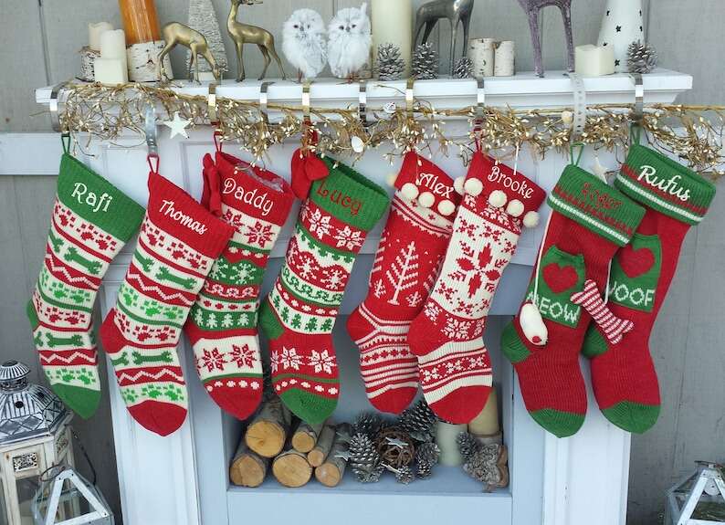 Knitted Christmas Stockings Red IVORY Green Fun Snowflake Family with Pets Cat Mouse Meow and Dog Bone Woof Knit Personalized Embroidered