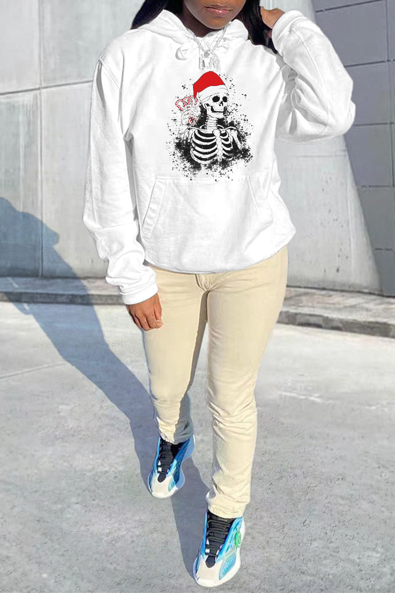 White Casual Street Print Skull Draw String Hooded Collar Tops