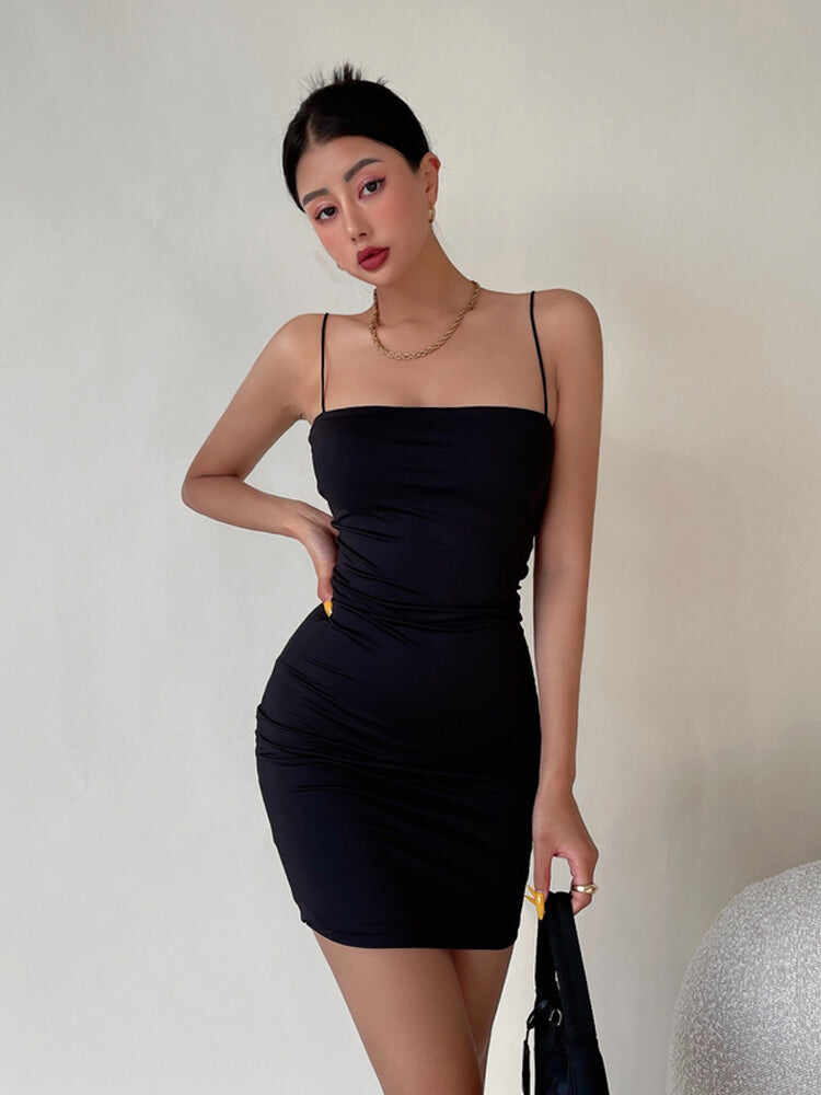 Straps Pleated Slim Bag Hip Dress