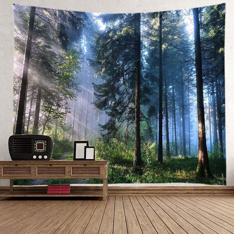 Landscape Tree Wall Tapestry Art Decor Misty Forest Nature Sunshine Through Tree